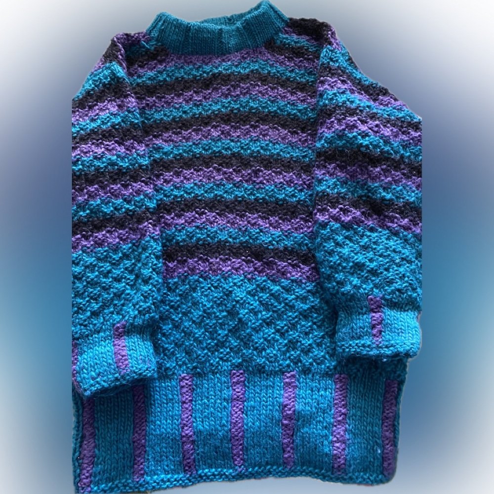 Handknit 100% Icelandic Wool Blue Black Purple stripes sweater M/L